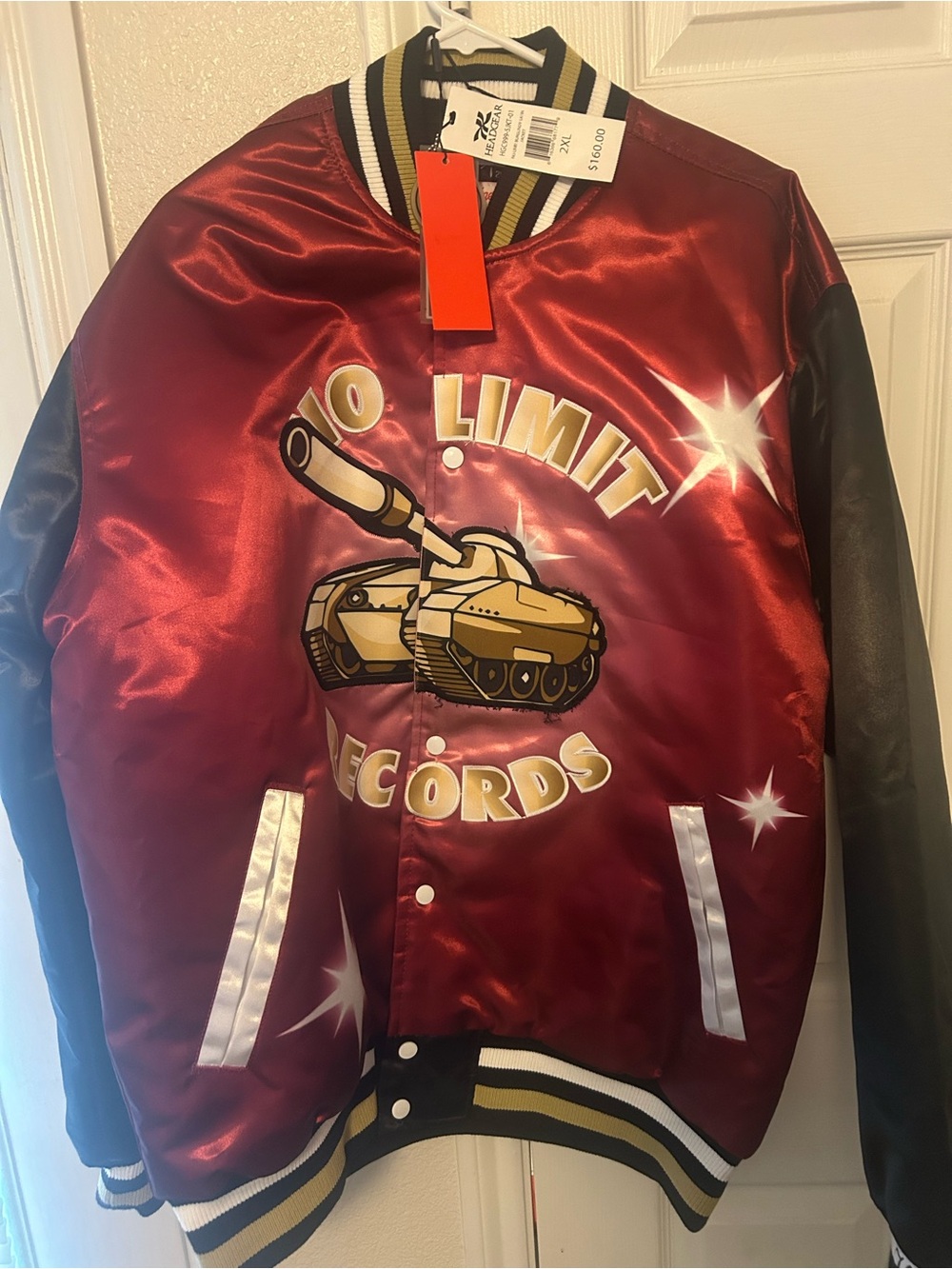 No Limit Records Satin Bomber Jacket in Burgundy with Black Sleeves